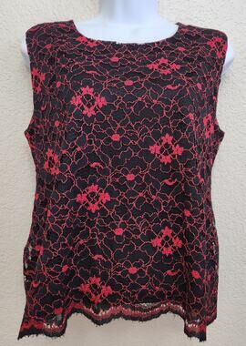 Red Black Lace Overlay Sleeveless Top Large 12 Lightweight Soft Scalloped Hem